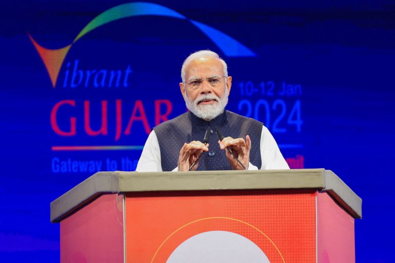 Indian Prime Minister Narendra Modi speaks during the Vibrant Gujarat Global Summit, at the Mahatma Mandir in Gandhinagar, Gujarat, India January 10, 2024