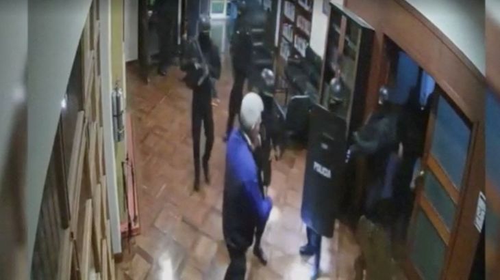 A view shows cctv footage of Ecuador security forces raiding Mexican embassy in Ecuador
