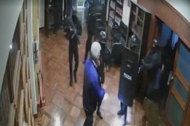 A view shows cctv footage of Ecuador security forces raiding Mexican embassy in Ecuador