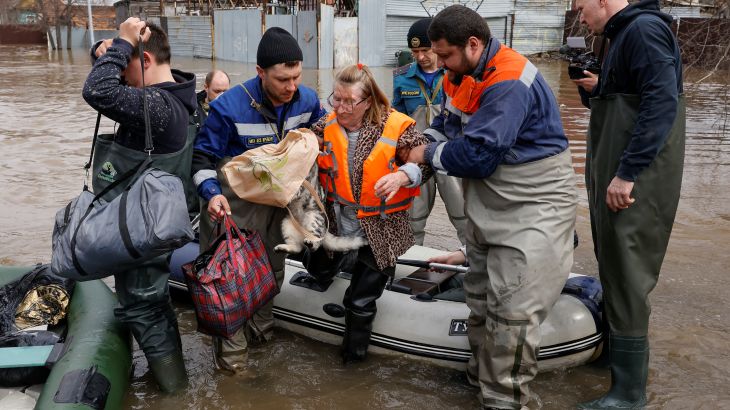 Local resident Taisia is evacuated amid flooding in the city of Orenburg, Russia April 10, 2024. REUTERS/Maxim Shemetov