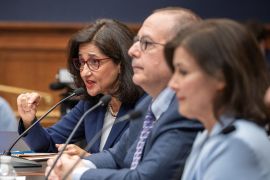 President of Columbia University, Nemat Shafik, testifies before a congressional committee alongside David Schizer, centre, and Claire Shipman, right [Ken Cedeno/Reuters]