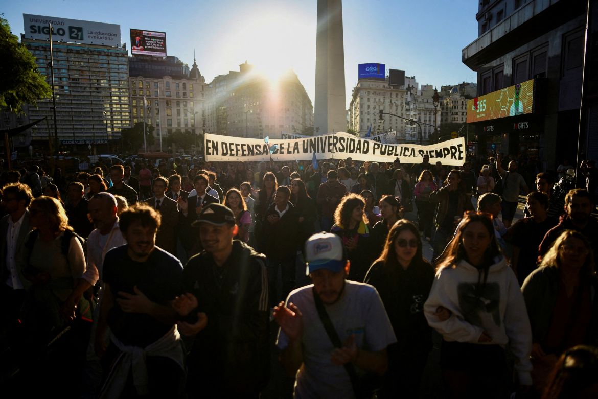 Argentine university students, unions, and social groups march to Casa Rosada government house to protest against President Javier Milei's "chainsaw" cuts on public education