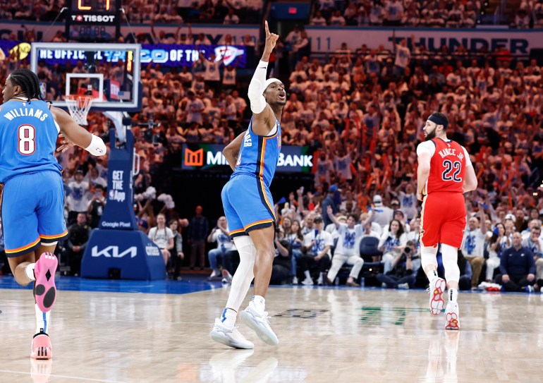Apr 24, 2024; Oklahoma City, Oklahoma, USA; Oklahoma City Thunder guard Shai Gilgeous-Alexander (2) gestures after scoring against the New Orleans Pelicans during the second half of game two of the first round for the 2024 NBA playoffs at Paycom Center. Mandatory Credit: Alonzo Adams-USA TODAY Sports