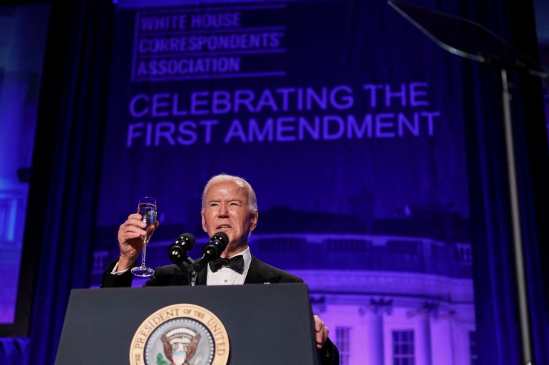 U.S. President Joe Biden raises a toast during the White House Correspondents' Association Dinner in Washington, U.S., April 27, 2024. REUTERS/Tom Brenner