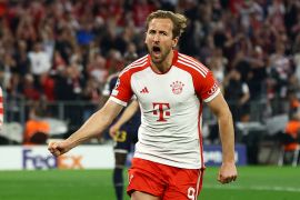 Bayern Munich&#039;s Harry Kane celebrates scoring their second goal [Kai Pfaffenbach/Reuters]