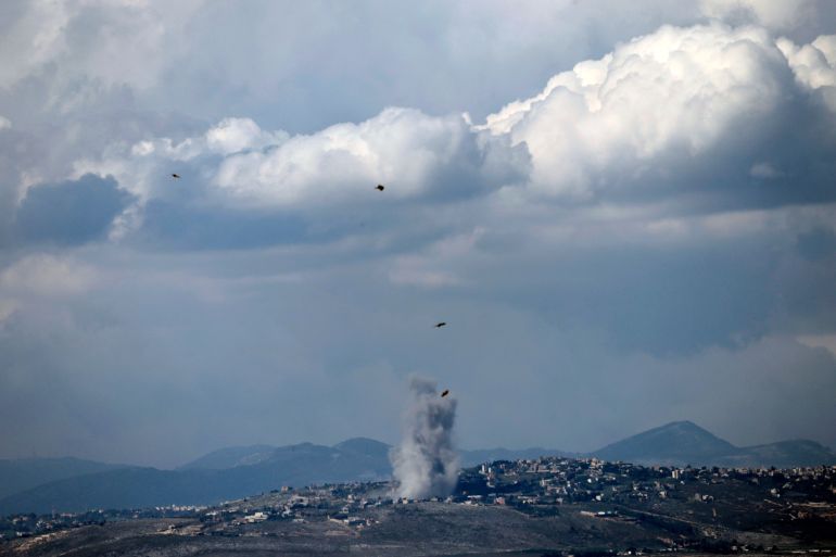 A picture taken from Israel along the border with southern Lebanon shows smoke billowing during Israeli bombardment in the Lebanese village of Khiam on April 8