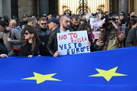 Georgian pro-democracy groups protest against a repressive &#039;foreign influence&#039; bill outside the parliament in the capital, Tbilisi [File: Vano Shlamov/AFP]