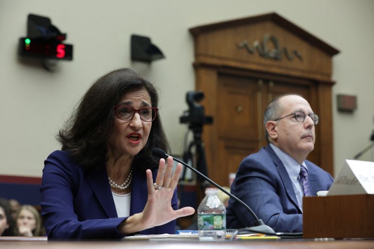 WASHINGTON, DC - APRIL 17: President of Columbia University Nemat “Minouche” Shafik (L), and David Schizer (R), Dean Emeritus and Harvey R. Miller Professor of Law & Economics, testify before the House Committee on Education & the Workforce at Rayburn House Office Building on April 17, 2024 in Washington, DC. The committee held a hearing on “Columbia in Crisis: Columbia University’s Response to Antisemitism.” Alex Wong/Getty Images/AFP (Photo by ALEX WONG / GETTY IMAGES NORTH AMERICA / Getty Images via AFP)