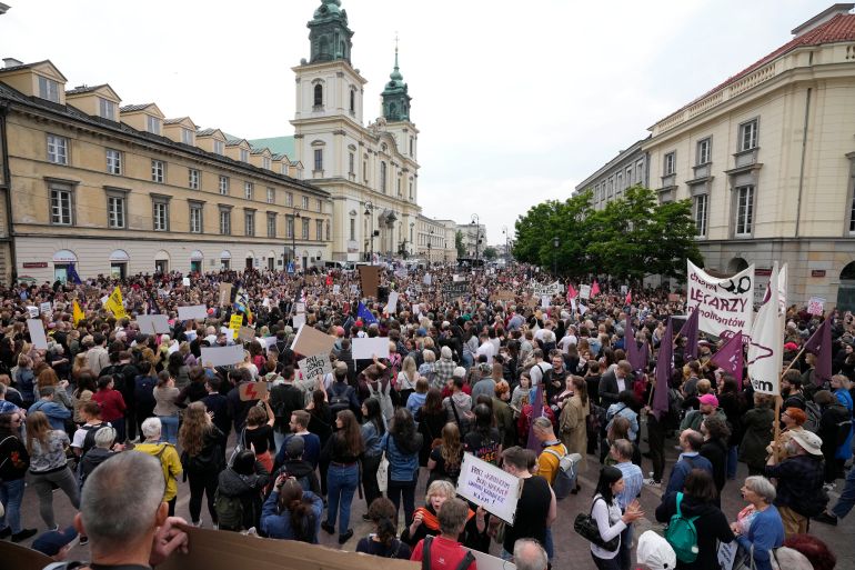 People protest Poland's restrictive abortion law in Warsaw, Poland