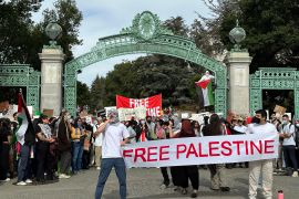 A student protest about the Israeli war on Gaza takes place at the University of California, Berkeley&#039;s Sather Gate on October 16, 2023 [File: AP/Michael Liedtke]