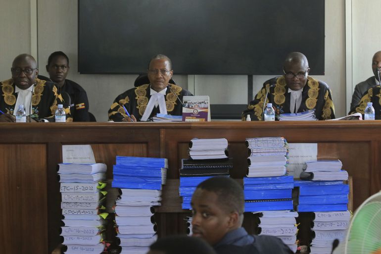 A view of the panel of five judges led by the country's deputy chief justice, Richard Buteera during the hearing of consolidated petitions challenging the contentious and controversial anti-homosexuality law, at the Constitutional Court, in Kampala, on Dec. 18, 2023.