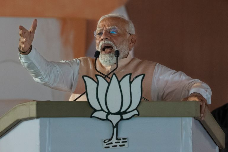 Indian Prime Minister Narendra Modi speaks during an election campaign rally of his Bharatiya Janata Party (BJP), in Meerut, India, Sunday, March 31, 2024. (AP Photo/Altaf Qadri)