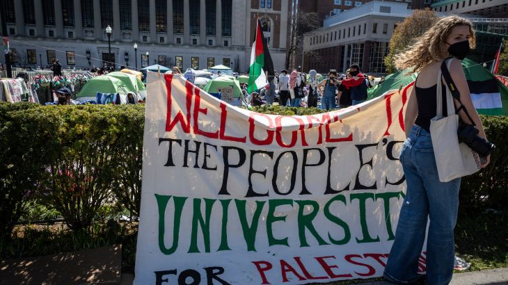 A sign is displayed in front of the tents erected at the pro-Palestinian demonstration encampment at Columbia University in New York,
