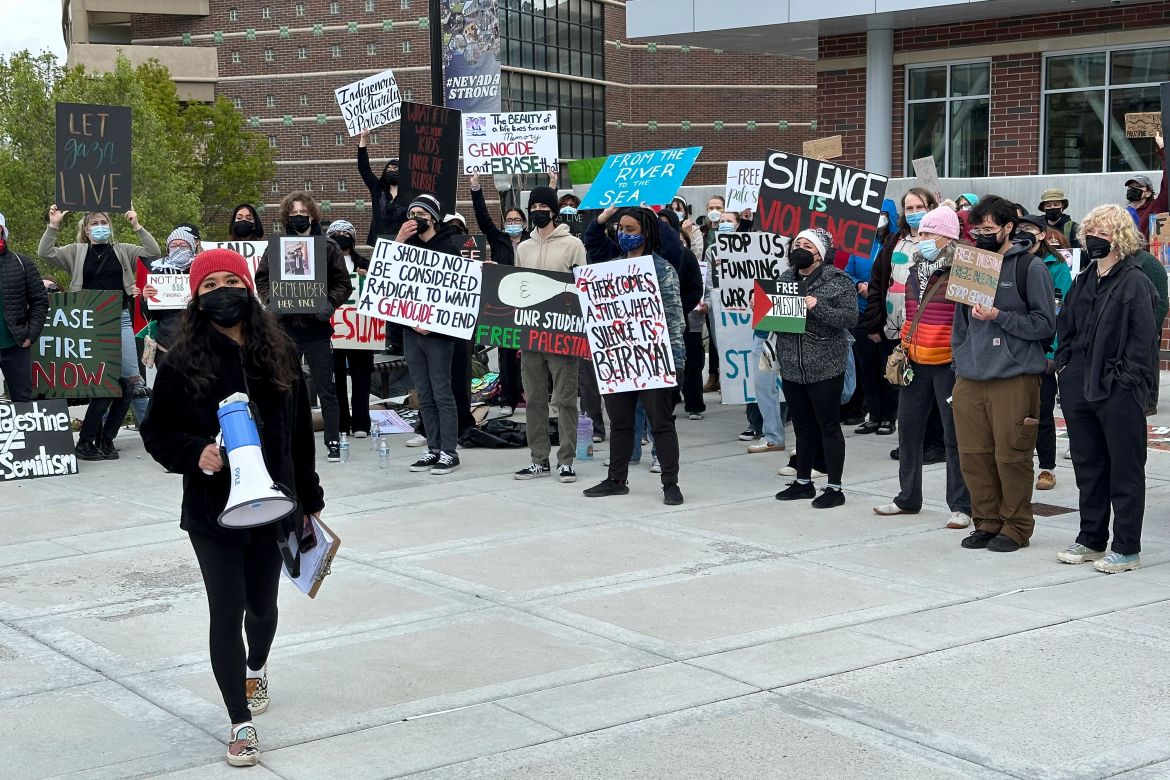 Pro-Palestinian protesters rally at the University of Nevada, Reno, campus Friday, April 26