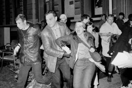 A student protester at Columbia University is forcibly removed from the campus, April 30, 1968, by New York City police [File: Dave Pickoff/AP]