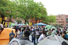 Student protesters gather at the George Washington University campus, April 25, 2024 [Ali Harb/Al Jazeera]