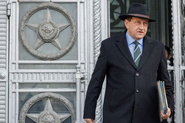 German ambassador to Russia Alexander Graf Lambsdorff leaves the Russian Foreign Ministry in Moscow in March 2024