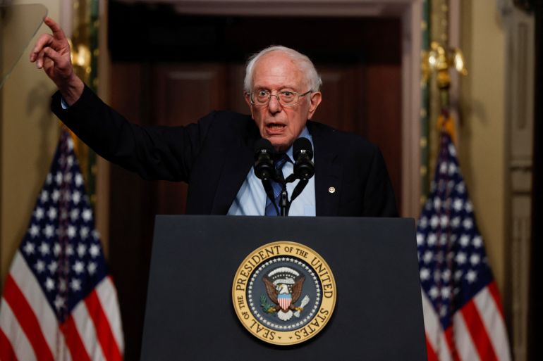 Bernie Sanders speaks behind a White House podium in Washington, DC, in April 2024.