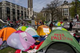 Students and pro-Palestinian supporters occupy a plaza at the City College of New York campus, during the ongoing conflict between Israel and the Palestinian Islamist group Hamas, in New York City, US, April 27, 2024 [David Dee Delgado/Reuters]