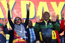 &#039;We want Palestine to be free,&#039; South African President Cyril Ramaphosa, right, said at a May Day rally in Cape Town [Esa&nbsp;Alexander/Reuters]