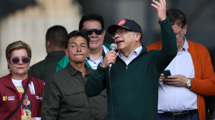 Colombian President Gustavo Petro speaks at a rally in Bogota