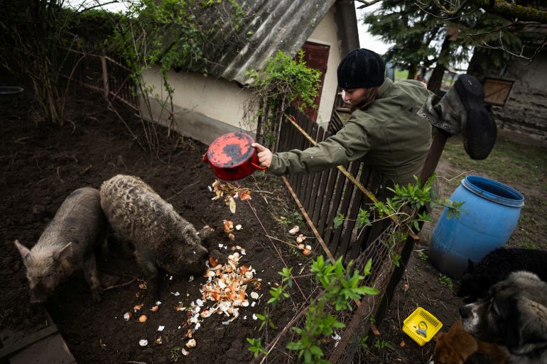 Cintia Mnyere, 31, holds her daughter Boroka as she feeds the pigs, at their farm near Ladanybene, Hungary, March 7