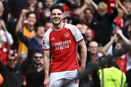 Arsenal&#039;s Declan Rice celebrates scoring their third goal [Dylan Martinez/Reuters]