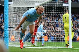 Manchester City&#039;s Erling Braut Haaland celebrates scoring their second goal [Molly Darlington//Reuters]