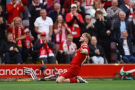 Liverpool&#039;s Harvey Elliott celebrates scoring their fourth goal [Carl Recine/Reuters]