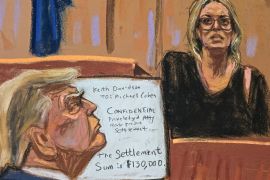 A courtroom sketch of former US President Donald Trump watching as Stormy Daniels testifies during Trump&#039;s criminal trial in New York City on May 7, 2024 [Jane Rosenberg/Reuters]