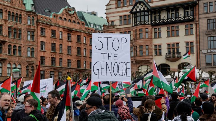 People protest against Israeli participation in the Eurovision Song Contest, ahead of the second semi-final, in Malmo Sweden, May 9, 2024. REUTERS/Leonhard Foeger