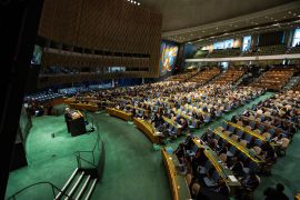 Riyad Mansour, Palestinian ambassador to the UN, addresses delegates [Eduardo Munoz/Reuters]