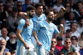 Manchester City&#039;s Josko Gvardiol celebrates scoring their first goal with Rodri and Bernardo Silva [Paul Childs/Reuters]