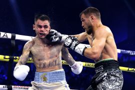 Vasiliy Lomachenko delivered a technical knockout in the 11th round against local favourite George Kambosos Jr at the RAC Arena in Perth, Australia [Richard Wainwright/AAP Image via Reuters]