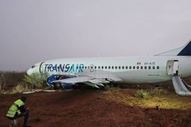 A Boeing 737 of Transair, chartered by Air Senegal and en route to Bamako, Mali, skids off the runway at Blaise Diagne International Airport in Dakar, Senegal, on May 9, 2024 [Anadolu Agency]