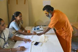 Hindu monk Mahant Haridas Udaseen, the sole registered voter at a polling station situated inside Gir forest, the last remaining natural habitat of the endangered Asiatic lion. [Indranil Mukherjee/AFP]