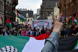 Pro-Palestinian protesters opposing Israel&#039;s participation in the 68th edition of the Eurovision Song Contest (ESC) demonstrate in Malmo, Sweden [Tobias Schwarz/AFP]