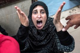 A woman reacts after a child relative being at the Aqsa Martyrs Hospital died in the aftermath of bombardment on their displaced persons camp, in Deir el-Balah in the central Gaza Strip on May 11, 2024 [AFP]