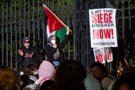 Pro-Palestianian protesters gather near a main gate at Columbia University in New York, Tuesday, April 30, 2024, just before New York City police officers cleared the area after a building was taken over by protesters earlier in the day. [Craig Ruttle/AP Photo]