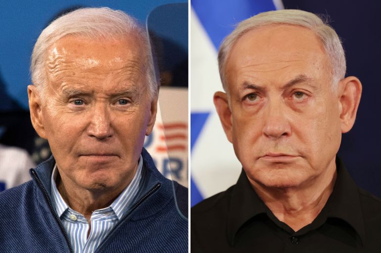 This combination photo shows President Joe Biden, left, on March 8, 2024, in Wallingford, Pa., and Israeli Prime Minister Benjamin Netanyahu in Tel Aviv, Israel, Oct. 28, 2023.