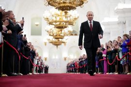 Vladimir Putin during his inauguration as Russian president in the Grand Kremlin Palace in Moscow, Russia, on May 7, 2024 [Alexander Zemlianichenko/AP]