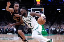 Boston Celtics guard Jaylen Brown scored 32 points against Cleveland Cavaliers in Game 1 of the NBA second-round playoff series in Boston [Charles Krupa/AP]