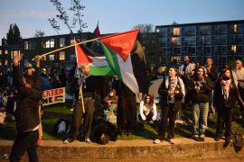 University of&nbsp;Amsterdam students set up a solidarity encampment for Palestinians on the school campus in Amsterdam. [Mouneb Taim/Anadolu via Getty Images]
